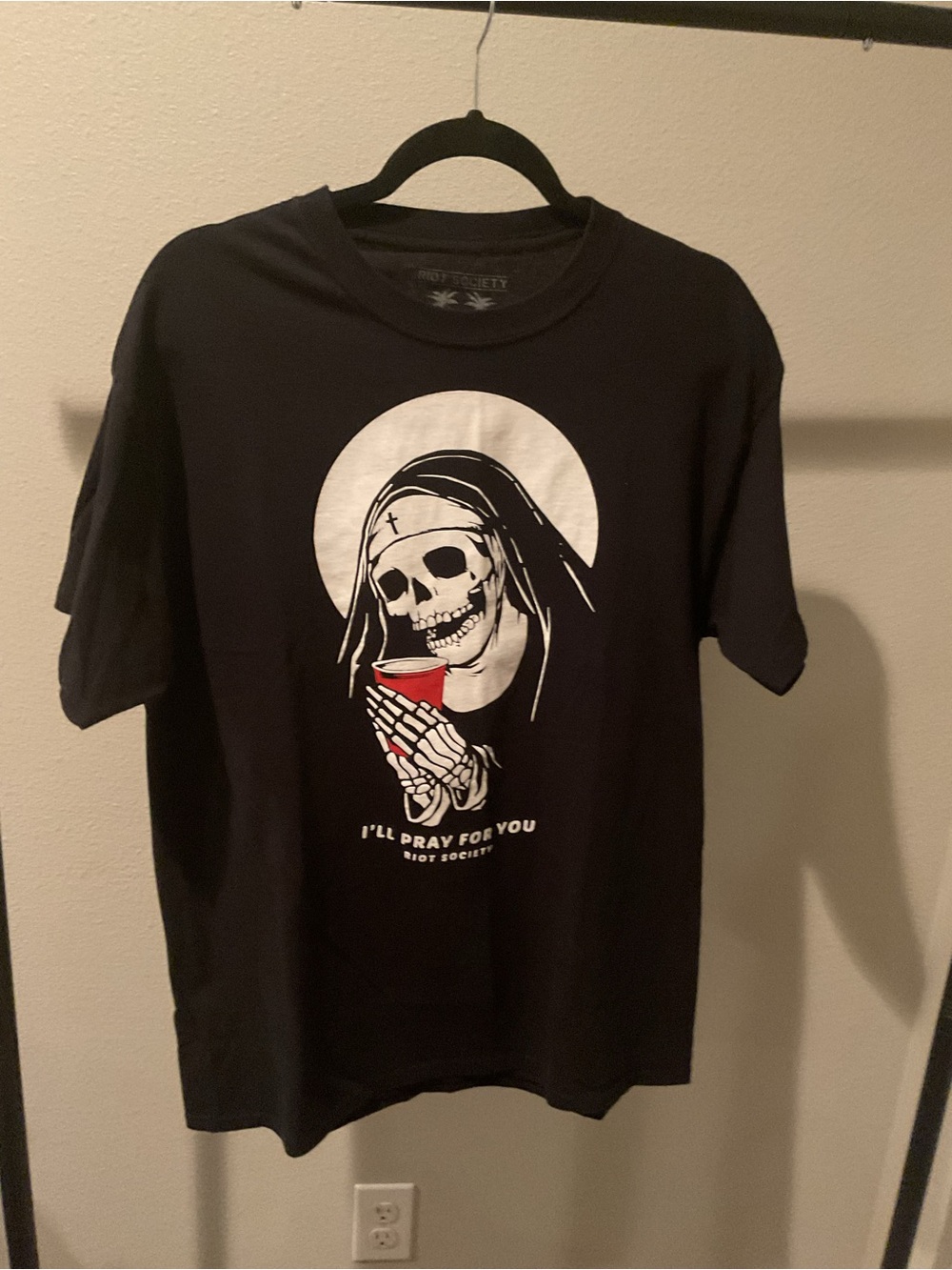 riot society Black Tee with White Skull Nun and Red Cup